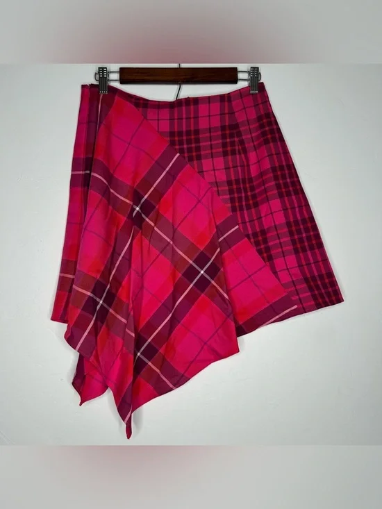 NWT Trina Turk Hot Pink Purple Plaid Asymmetrical Skirt Office Clueless Size 8 - Picture 2 of 11